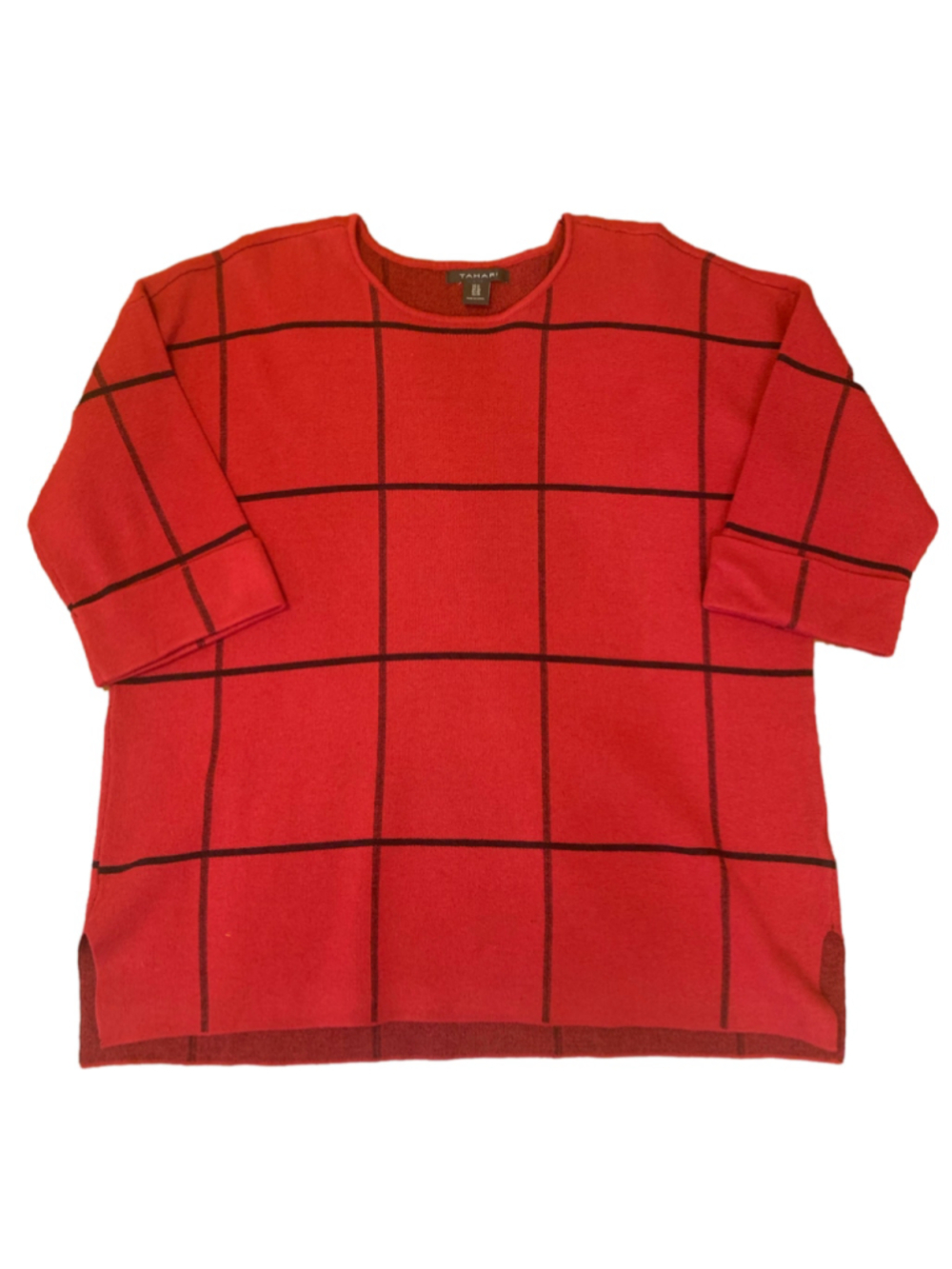Women's Tahari Red and Black Grid Print Sweater, Size 1X